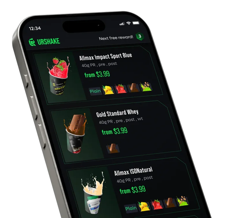 The URShake app on a phone, customizing a protein shake to collect from a gym kiosk